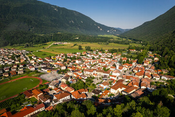 Kobarid townscape aerial drone view at summer in Slovenia