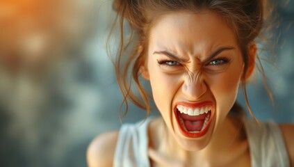 Screaming young woman on blurred background, closeup. Domestic violence concept - obrazy, fototapety, plakaty