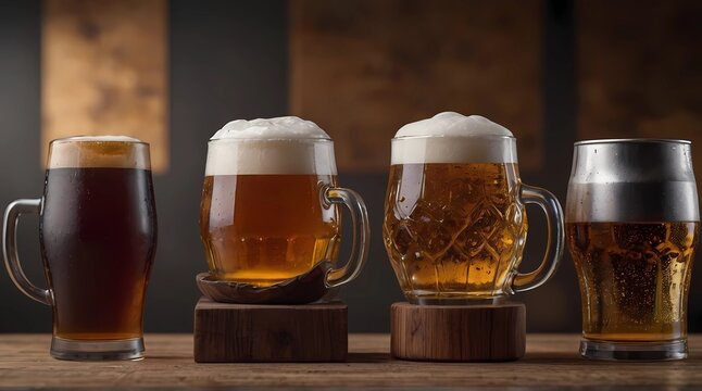 Glasses with different sorts of craft beer on wooden bar. Created with Generative AI technology