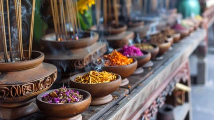 Foto op Plexiglas Burning aromatic incense sticks. Incense for praying Buddha or Hindu gods to show respect. © Nataliya