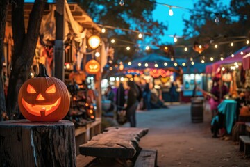 A pumpkin that has been intricately carved to resemble a classic jack-o-lantern, with a grinning face and glowing eyes, Halloween-themed street fair in a small coastal town, AI Generated - obrazy, fototapety, plakaty