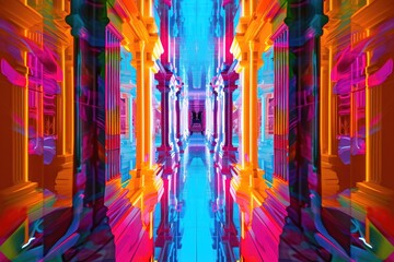 An abstract image capturing the vibrant colors and intricate patterns of a hallway, Hallucinogenic array of fluorescent colors building an abstract, futuristic pattern, AI Generated