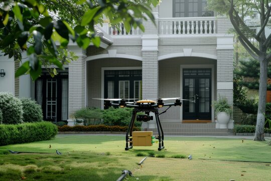 Smart package Drone Delivery cargo drone. Box shipping domestic parcel parcel urbanization workforce transportation. Logistic tech walk in delivery mobility tech convergence