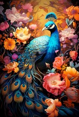 Peacock sitting on the tree with colorful flowers illustration AI Generated