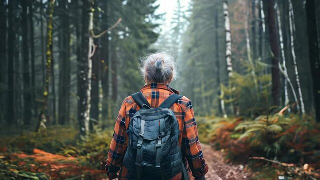 Hiking woman with backpack in the forest. Travel and adventure concept
