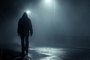 Mysterious figure walking down a dimly lit street at night Casting a shadow under the spotlight Evoking intrigue and suspense