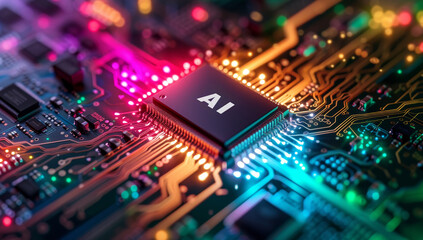 Fototapeta na wymiar AI chip illuminating a colorful circuit board
