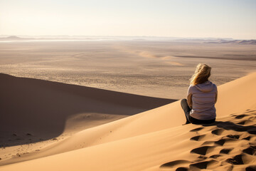 Fototapeta na wymiar Woman sitting alone on the ridge of a dune in the desert- walvis bay- namibia. Generative Ai