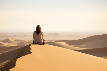 Woman sitting alone on the ridge of a dune in the desert- walvis bay- namibia. Generative Ai