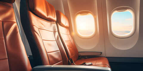 interior of the airplane, Business class passenger seats in the cabin, First class- en businessclass-stoelen met, Luxury First Class Business Seats for Vacations, Generative AI - obrazy, fototapety, plakaty