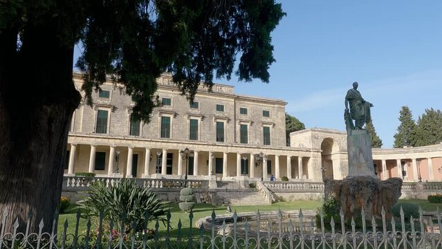 Corfu, Greece - 15 Sep, 2023: Sunny spring view of Museum of Asian Art. Colorful morning cityscape of Corfu Town, capital of the Greek island of Corfu, Greece, Europe.