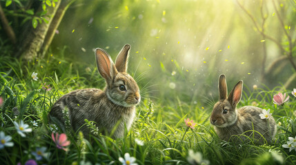Two Serene Rabbits Enjoying a Peaceful Moment in a Lush Spring Meadow, Illuminated by Sunlight Filtering Through Trees.