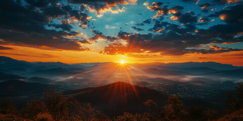 Sunset Glory over Mountain Range.
Panoramic view of sunset illuminating clouds over a vast mountain range. - obrazy, fototapety, plakaty