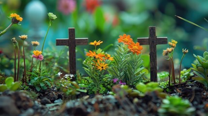 Mini easter revival garden. Featuring small wooden crosses, greenery and bright flowers.