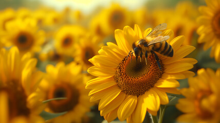 A bee collecting pollen on a sunflower