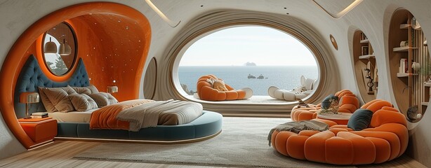 A fantasy bedroom with a sea view in the background