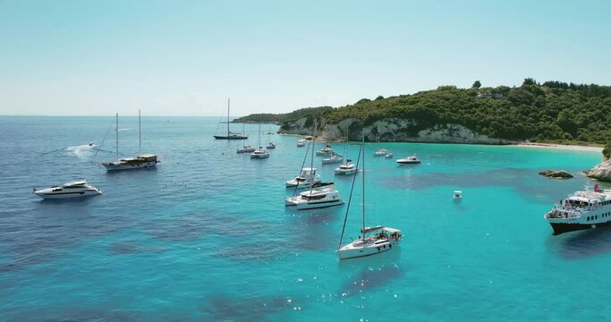 Tropical paradise beaches of Voutoumi and Vrika with turquoise clear sea, Antipaxos island, Ionian, Greece, Aerial drone bird's eye view