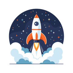 Rocket launch into space, flat vector illustration