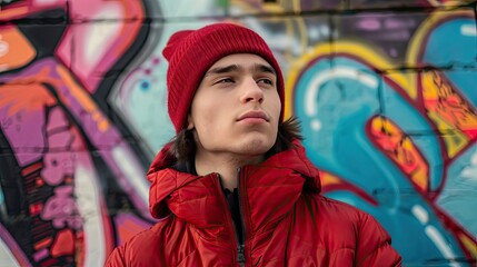 Close up of a young man standing confidently wearing a beanie and red jacket on an urban street...