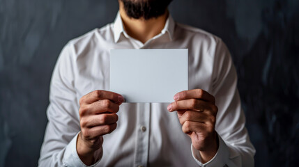 person holding a card with white shirt, to be steeled or labeled free space 