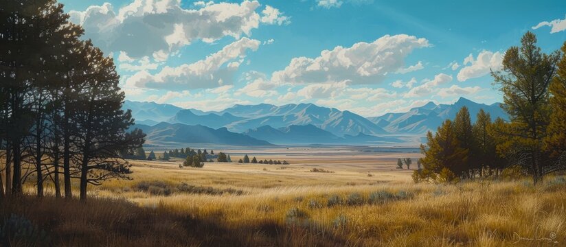 An art piece depicting a natural landscape with a grassland field, trees in the foreground, mountains in the background, and a sky filled with cumulus clouds
