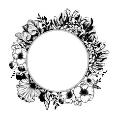 Iris, anemone, chrysanthemum flower round shape wreath. Vector spring, summer flowers and leaves bouquet border.