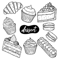 Desserts and bakery products set. Cookies, meringue, eclair, croissant silhouette drawing. Chocolate, oatmeal, black on white line art
