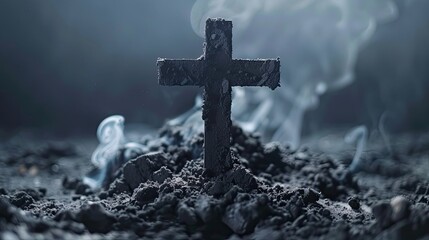 Christian cross embedded in ashes with smoke background in dark night - obrazy, fototapety, plakaty