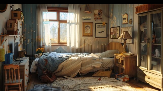 The child's room is messy, the blankets have not been folded, school items and toys are strewn about, and many of the room decorations are not arranged neatly