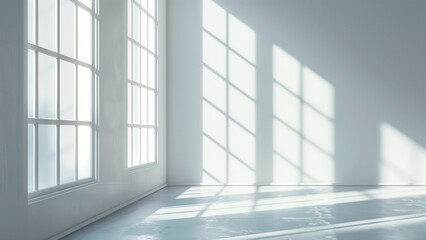 Obraz premium Natural light window, blurred shadow overlay on minimal room wall paper texture and floor, background