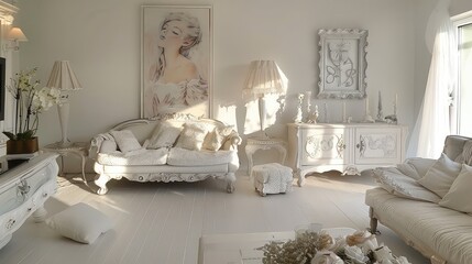 Living room interior design, white themed