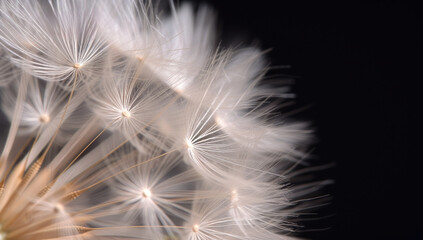 Closeup of dandelion seeds against a dark backdrop