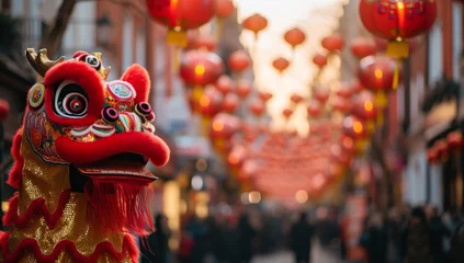 Zelfklevend Fotobehang Chinese New Year Lion Dance in Chinatown of Beijing, China. Chinese New Year is the year of the dog. © Meow Creations