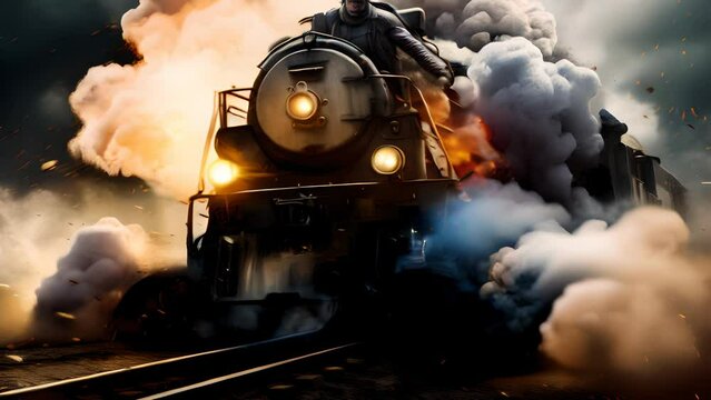 Action shot with man jumping off the train. Dynamic scene with railway carriage explosion in action movie blockbuster style