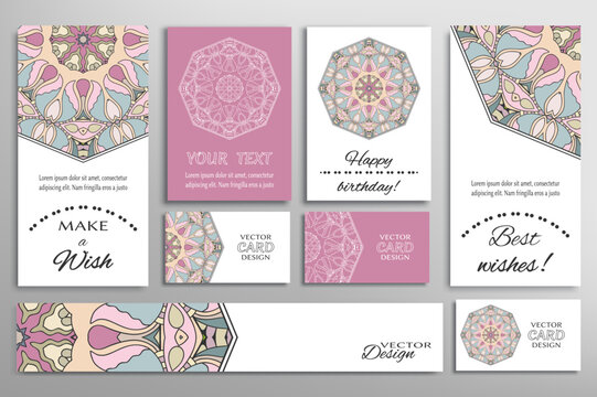 Big set of greeting Cards or wedding Invitations. Postcards template with inscription Make a Wish, Best Wishes, Happy Birthday. Banner, business cards with mandala ornament. Isolated design elements