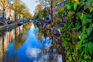 Famous  Amsterdam city center canal  with dutch brick buildings, trees , reflections  and  anchored...