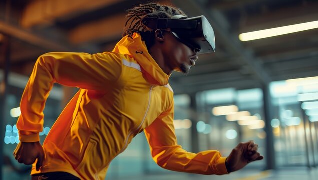 African american man in sportswear wearing virtual reality goggles.
