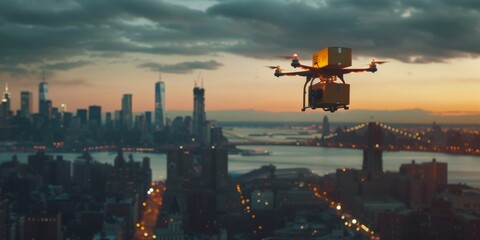 Smart package Drone Delivery urban planning drone. Box shipping green mobility parcel urbanization impact transportation. Logistic tech accuracy in drone logistic mobility iot - obrazy, fototapety, plakaty