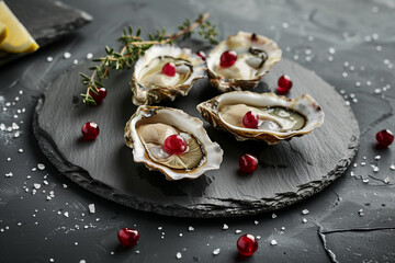 Obraz na płótnie Canvas Gourmet oyster platter at a luxury seafood restaurant, elegant presentation, dim ambient lighting, highlighting the delicacy's allure