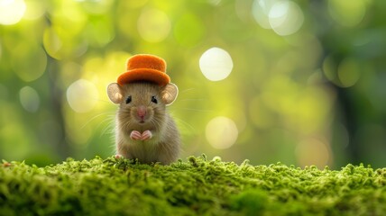 Little forest mouse with orange hat on a green moss and negative copy space for design. Cute St Patrick's Day greeting card design.