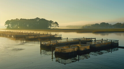 Fototapeta premium Oyster farming at a coastal bay, serene morning light, showcasing the source and sustainability on Oyster Day