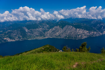 Panoramic view from Monte Baldo of the old town of Limone Sul Garda and Lake Garda in Italy.