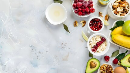 Healthy breakfast foods like avocado, yoghurt and raspberries are in white bowls on a marble table...