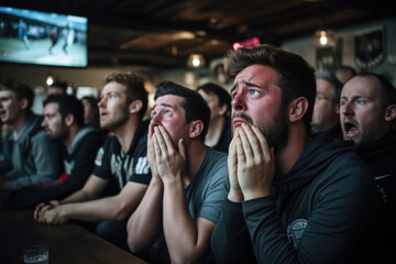 Intense anticipation as fans watch a crucial match in a cozy local pub at evening.