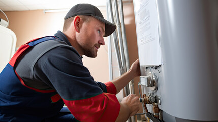 Plumber installing water heater at home background