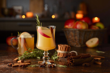 Mulled cider with apples, cinnamon, rosemary, and anise on a background of burning candles.