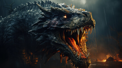 A formidable dragon roars in a dark, rain-soaked realm, with flames lighting the night