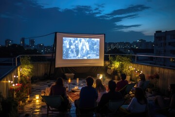 Friends Gather for an Outdoor Movie Night on a Rooftop Terrace Under the Stars