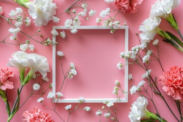 Creative flat lay spring layout. Branches of white, and pink gypsophila and fresh carnations flowers with square photo frame on pastel pink background. Birthday, Mother's Day. Copy space.