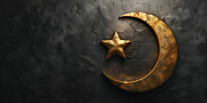 Golden islamic crescent and star on dark background ramadan kareem, Golden Islamic Moon And Star Ramadan Kareem Written With Black And Dark Blue Background

